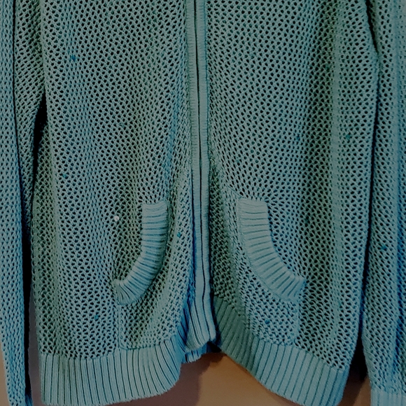 WOMANS TURQUOISE QUACKER FACTORY ZIP COVER UP SWEATER W/ SEQUINS.SIZE L - Picture 3 of 7